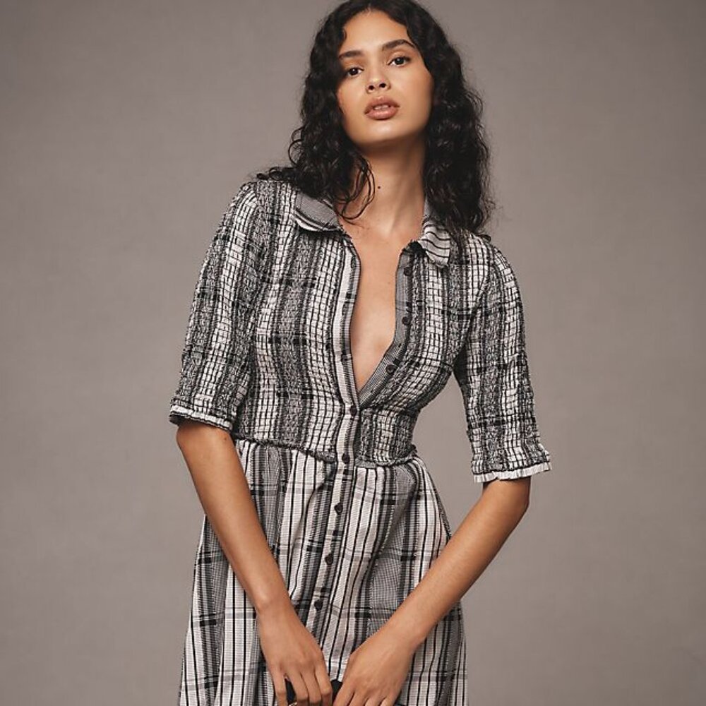 NWT Maeve Plaid Smocked Shirred Button Front Midi Shirt Dress XS